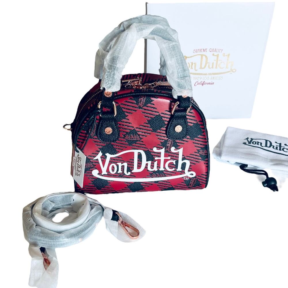 NEW Von Dutch Red & Black Plaid HANDBAG Bowling Bag Crossbody Satchel Purse NWT